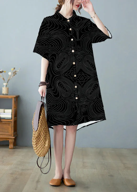Discount Days pleated maxi dressModern Black Button Stand Collar Floral Print Party Dress Half Sleeve