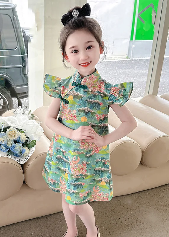 Super Sale stylish party dressGreen Print Patchwork Kids Vacation Mid Dress Short Sleeve
