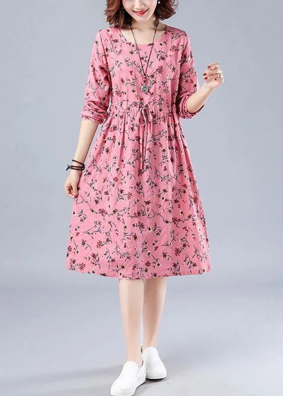 Best Bargains trendy bodycon dressClassy O Neck Drawstring Spring Outfit Runway Pink Print Dress