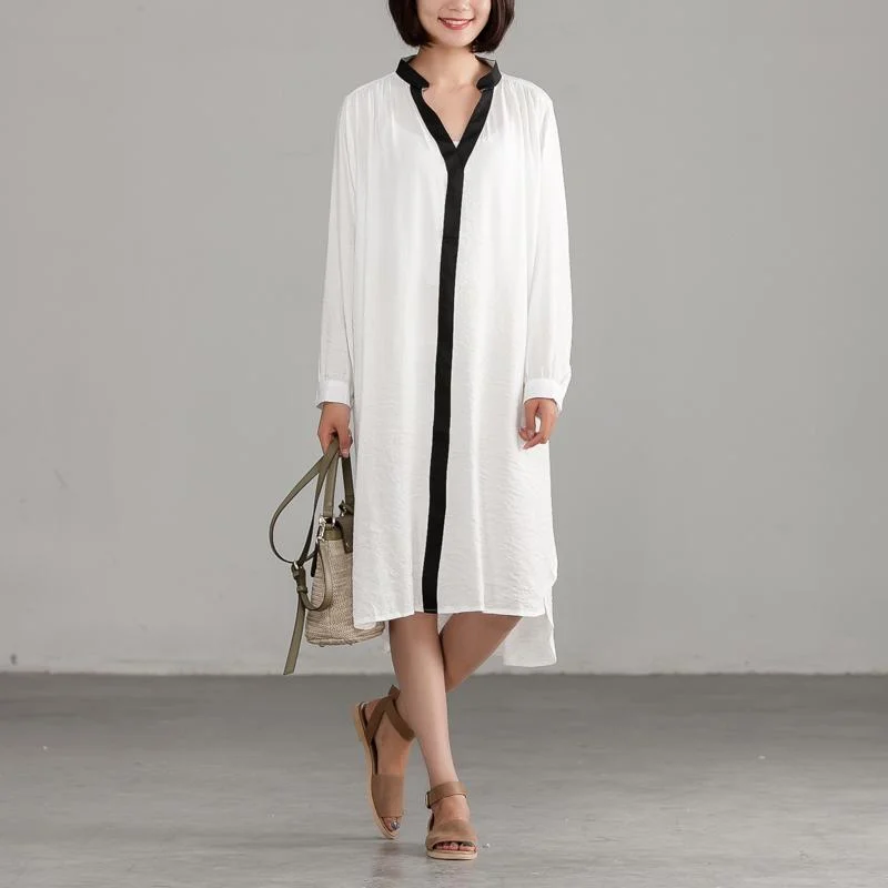 Closeout oversized dressStyle linen cotton quilting clothes Pakistani White Long Sleeve Loose Irregular Dress