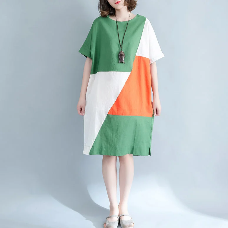 Take Advantage puff sleeve dressfine green Midi linen dresses plus size clothing shirt dress Elegant o neck patchwork linen dresses