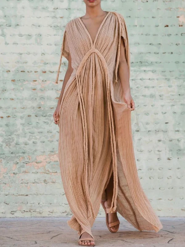 Low Prices casual shift dressPure Color Short Sleeve Loose Twisted Rope Casual Dress