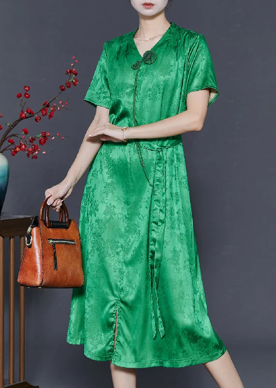 Price Reduction ashionable dressFine Grass Green Tasseled Print Silk Dresses Summer