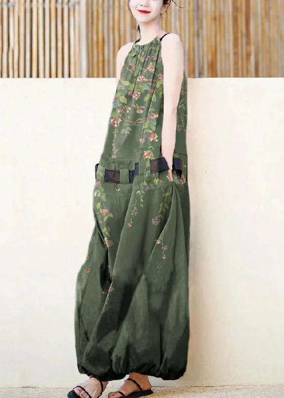 Hurry In boho-chic dressFrench Green Flowers Pockets Patchwork Cotton Dress Sleeveless