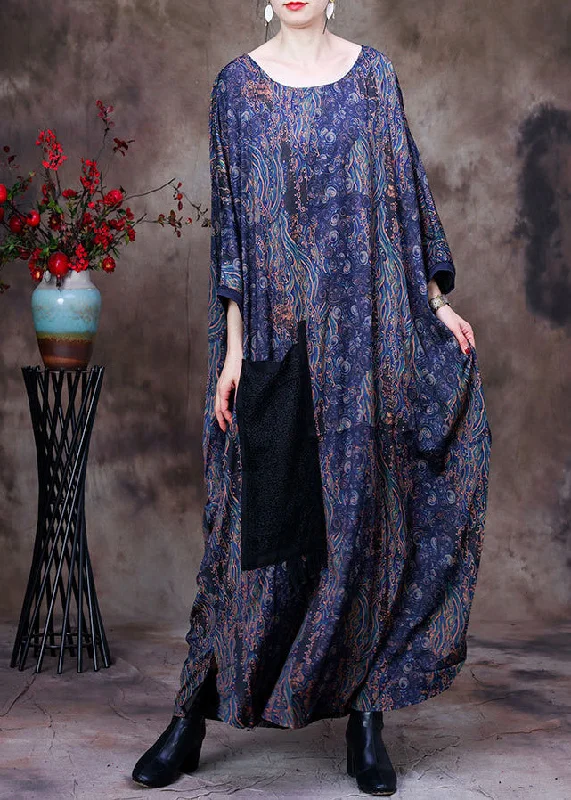 Steals and Deals ashionable dressPlus Size Blue O-Neck Print Big Pocket Silk Ankle Dress Long Sleeve Steals and Deals ashionable dressPlus Size Blue O-Neck Print Big Pocket Silk Ankle Dress Long Sleeve
