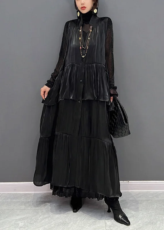 Closeout Sale office dressItalian Black Peter Pan Collar Wrinkled Button Satin Maxi Dresses Fall Closeout Sale office dressItalian Black Peter Pan Collar Wrinkled Button Satin Maxi Dresses Fall