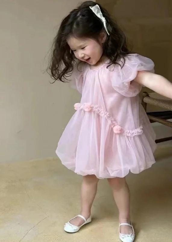 Crazy Savings modern dressArt Pink O-Neck Patchwork Solid Tulle Baby Mid Dress Short Sleeve