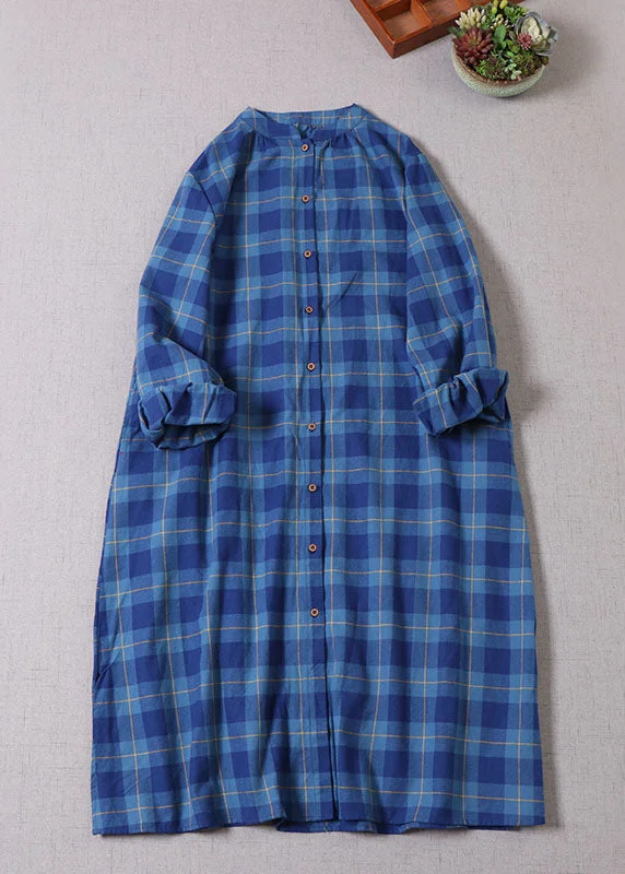 Discount Mania midi dressArt Navy Plaid Button Cotton Dress Long Sleeve