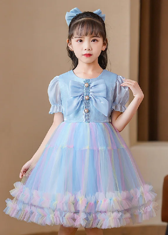 Act Now sleek dressElegant Blue Puff Sleeve Rainbow Exra Large Hem Tulle Kids Girls Dress Summer