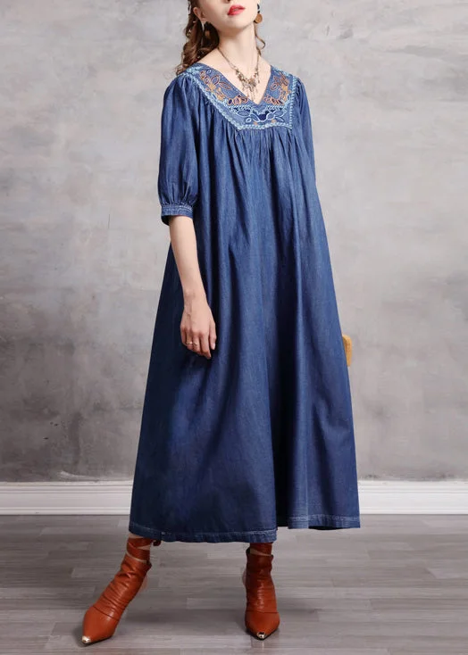 Fantastic Deals comfy maxi dressWomen Blue V Neck wrinkled Embroideried Cotton Party Dress Half Sleeve Fantastic Deals comfy maxi dressWomen Blue V Neck wrinkled Embroideried Cotton Party Dress Half Sleeve
