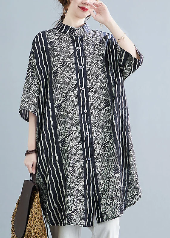 Extra Savings mini dressPlus Size Black Stand Collar Print Linen Shirt Dress Summer