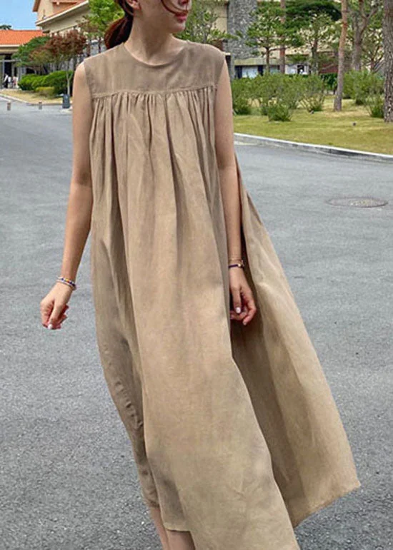 The Best Prices winter dressSimple Khaki O-Neck Cotton Long Dresses Sleeveless