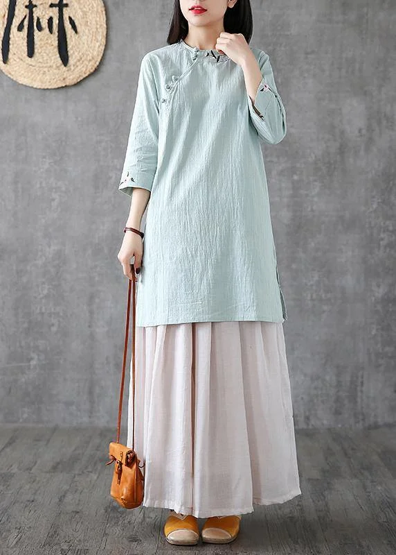 Customer Appreciation Sale wrap-around dressHandmade o neck embroidery linen clothes For Women Catwalk light green Dresses Customer Appreciation Sale wrap-around dressHandmade o neck embroidery linen clothes For Women Catwalk light green Dresses