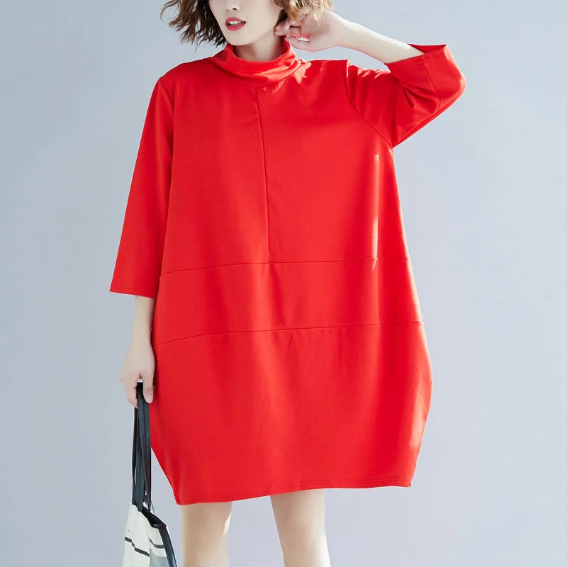 Limited Time Offer sleek midi dressClassy red Cotton clothes Indian linen high neck A Line spring Dress