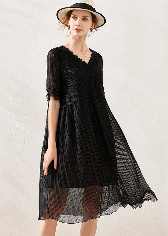 One-DAY Sale minimalistic dressComfy Black Wrinkled Patchwork Spring Short Sleeve Dress