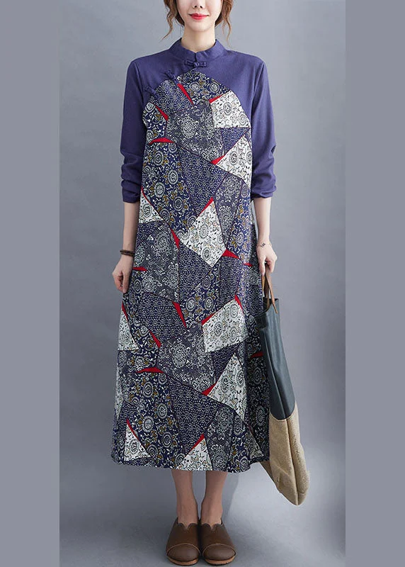 Closeout trendy mini dressFashion Blue Patchwork Button asymmetrical design Fall Holiday Dress Long sleeve
