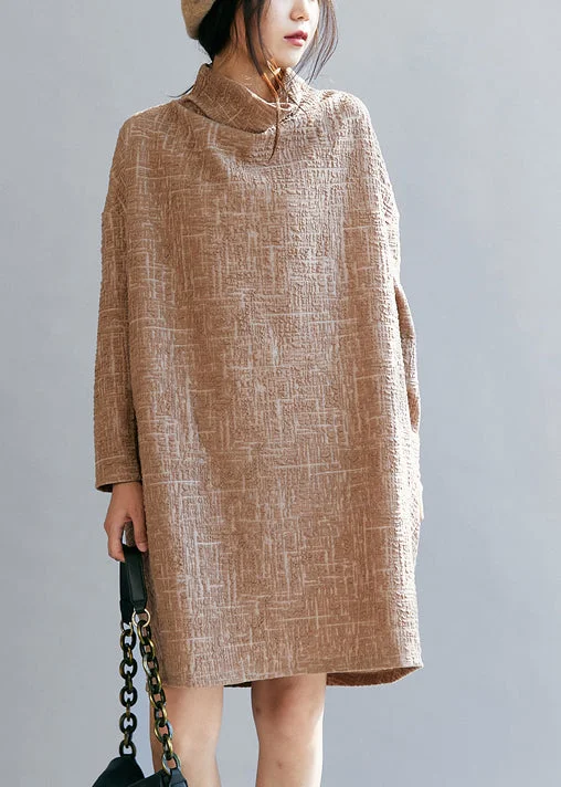 Mega Sale pleated maxi dressLoose Khaki Turtle Neck Cotton Dress Spring
