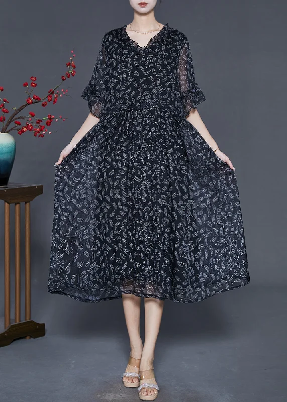 Savings Galore comfy dressWomen Black Cinched Print Chiffon Long Dresses Summer