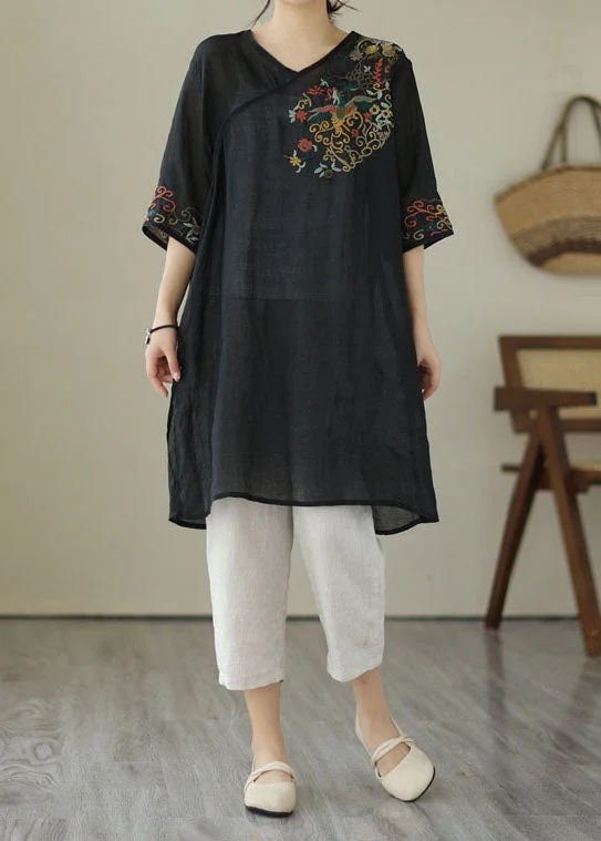 Instant Discount wrap-around dressBlack Patchwork Linen Mid Dress Embroideried V Neck Summer