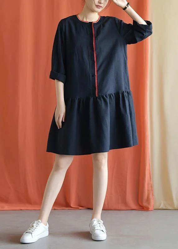 New Deals A-line dressClassy navy linen clothes bracelet sleeved oversized fall Dresses