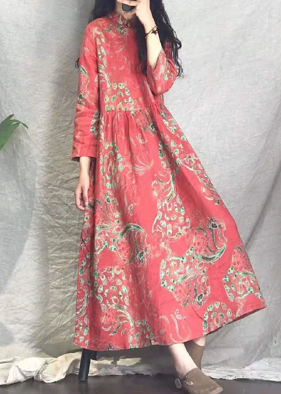 Buy Now elegant shift dressvintage Red Cinched Stand Collar Print Linen long Dresses Spring Buy Now elegant shift dressvintage Red Cinched Stand Collar Print Linen long Dresses Spring