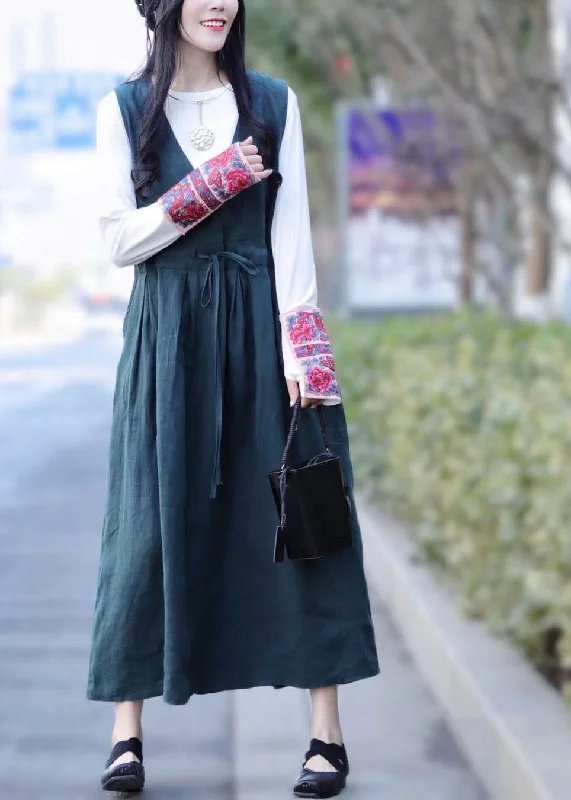 Don't Wait modern dressWomen Green tie waist V Neck Linen Vacation Dresses Spring