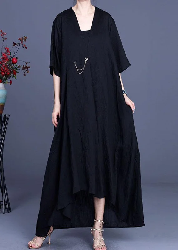Holiday Sale relaxed fit dressFrench Black V Neck asymmetrical design Dresses Summer