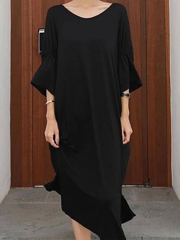 Referral Discount classic fit-and-flare dressWomen black cotton dresses o neck Cinched Kaftan summer Dresses