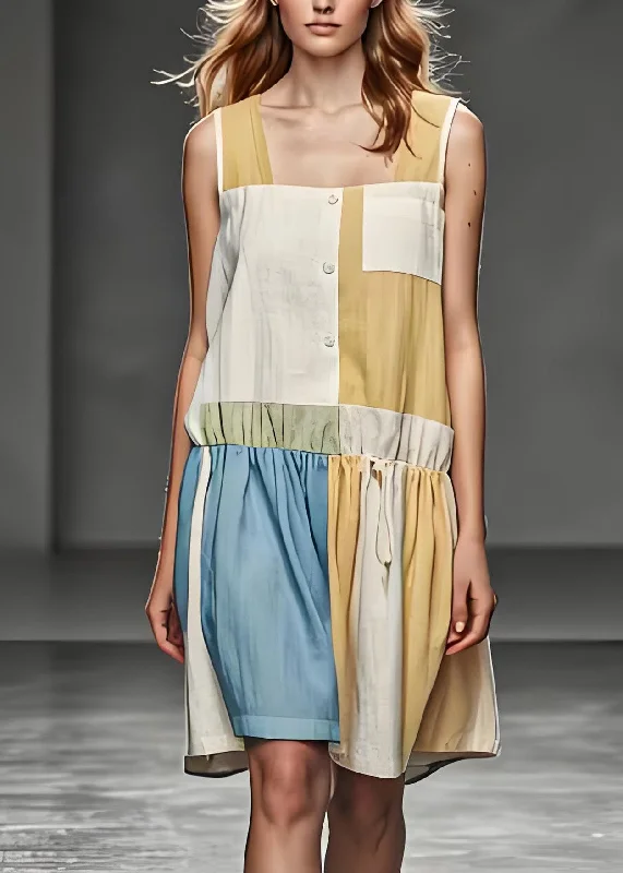 Overstock pleated maxi dressLoose Colorblock U Neck Wrinkled Patchwork Cotton Dresses Sleeveless Overstock pleated maxi dressLoose Colorblock U Neck Wrinkled Patchwork Cotton Dresses Sleeveless