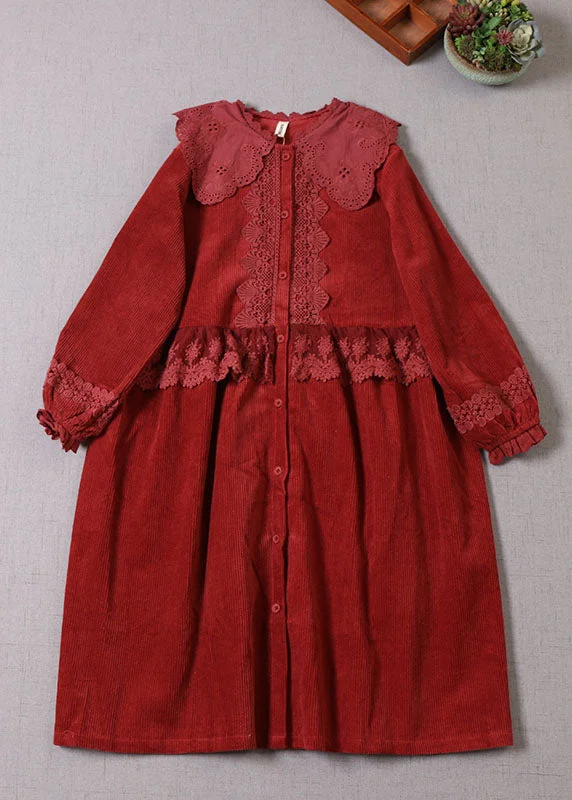 Clearance Items chic dressBoho Mulberry Lace Patchwork Corduroy Dress Long Sleeve