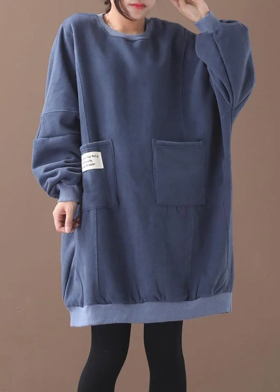 Exclusive Access ruffle dressFrench two pockets Cotton o neck tunics for women Sewing blue Dress