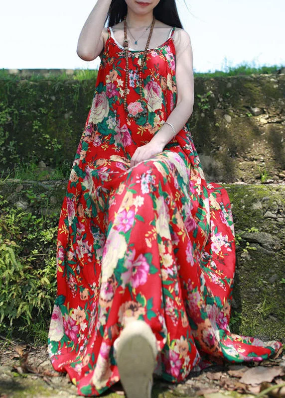 Year-End Sale floral midi dressBoutique Red Print Spaghetti Strap Beach Dresses Summer