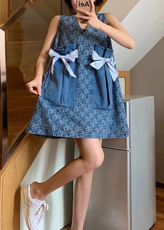 The Best Prices casual slip dressNew Blue V Neck Print Pockets Denim Mid Dress Sleeveless