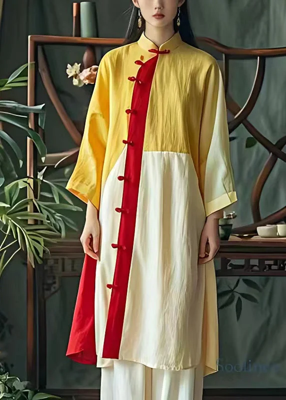 Midnight Sale relaxed fit dressArt Yellow Mandarin Collar Patchwork Linen Oriental Dress Summer