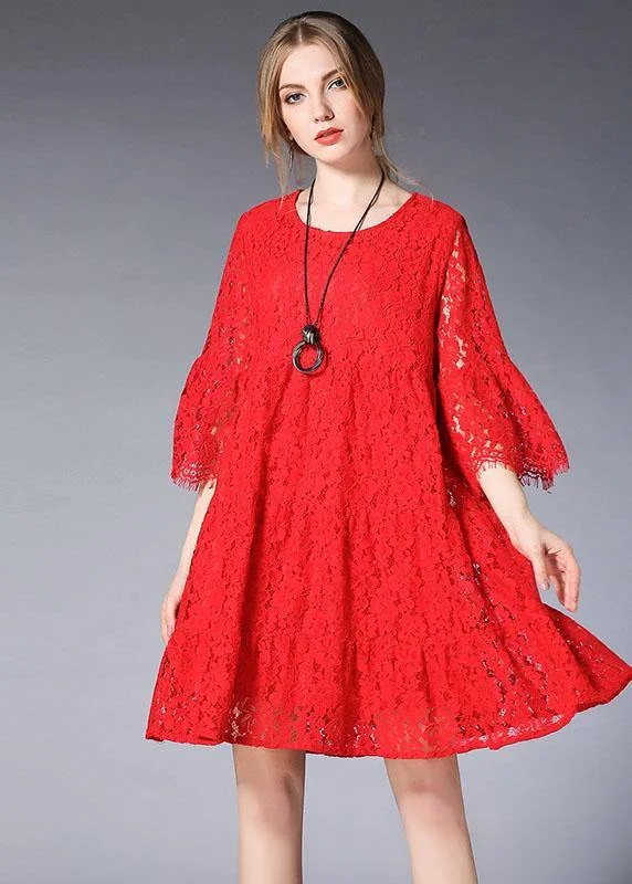 Markdowns casual evening dressLoose Red Solid Wrinkled Spring Half Sleeve Dresses