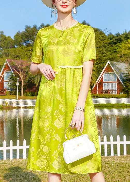 Sneak Peek Sale stylish dressLoose Yellow Green Ruffled Patchwork Jacquard Silk Dress Short Sleeve