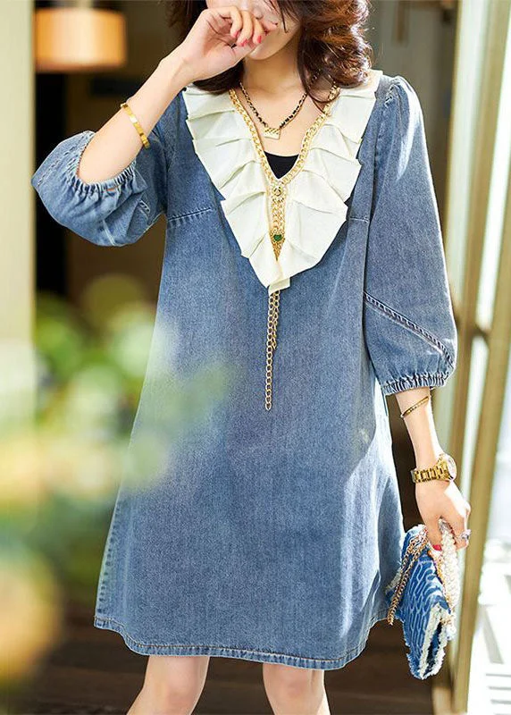 Stock Up and Save silk dressItalian Blue V Neck Ruffled Patchwork Denim Dress Bracelet Sleeve