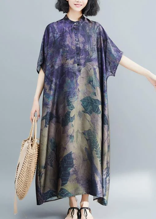 Season Finale Sale casual slip dressWomen stand collar tunic dress Runway dark purple print Robe Dress summer