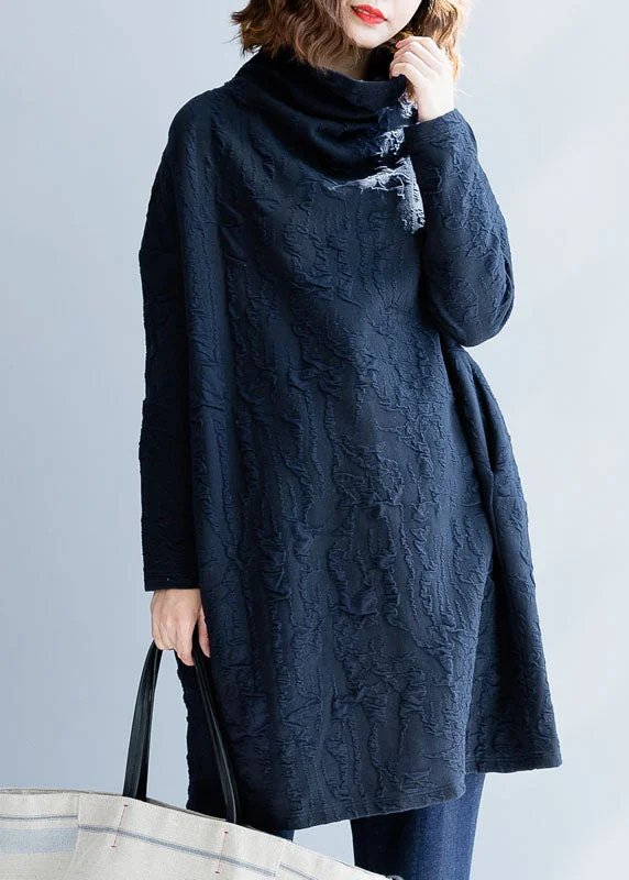 The Best Prices floral midi dressPlus Size French Navy Turtle Neck Loose Dress Spring