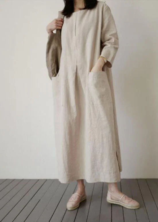 New Deals silk dressItalian Beige O-Neck side open Cotton Dress Spring