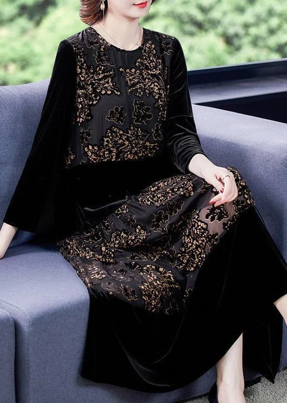 Instant Savings lace-up dressNew Black O Neck Print Patchwork Silk Velour Long Dress Fall
