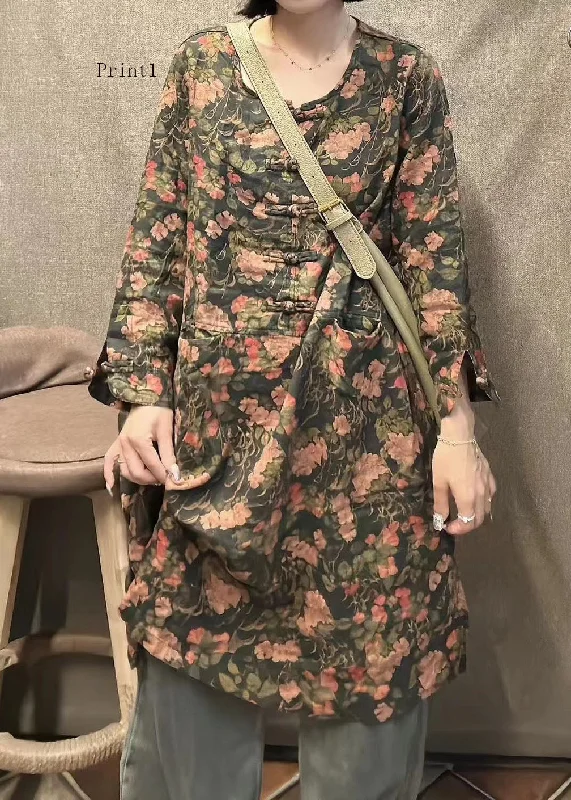 Price Buster flowy evening dressRetro Linen Round Neck Print Mid Length Skirt With Long Sleeves