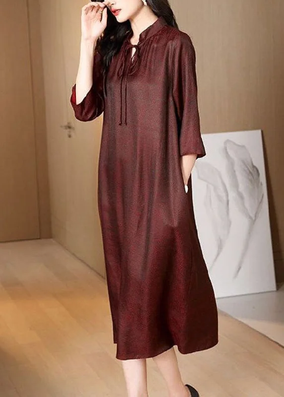 Unmissable Offer floral wrap dressUnique Dark Red Stand Collar Lace Up Pockets Silk Long Dress Bracelet Sleeve Unmissable Offer floral wrap dressUnique Dark Red Stand Collar Lace Up Pockets Silk Long Dress Bracelet Sleeve