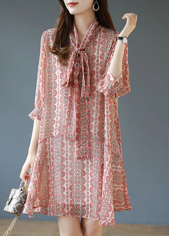 Huge Discounts casual midi dressItalian Pink Bow Print Patchwork Chiffon Mid Dress Summer