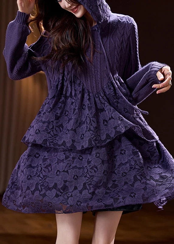 Overstock floral midi dressBoutique Purple Knit Patchwork Hooded Mid Dress Spring