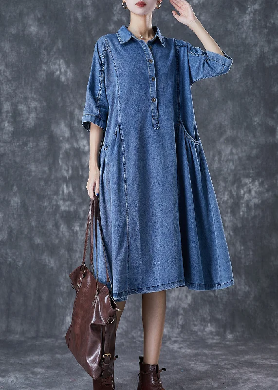 Super Bargain floral midi dressHandmade Blue Peter Pan Collar Denim A Line Dresses Half Sleeve