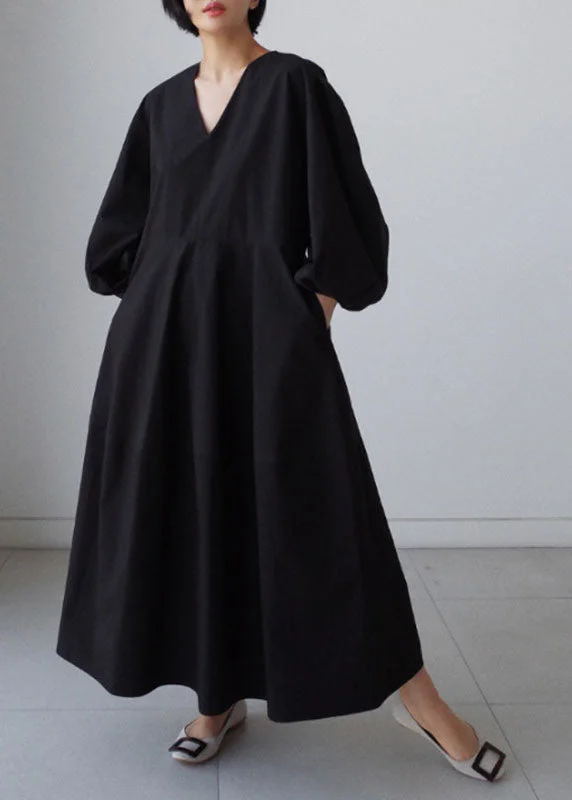 Unmissable Offer off-the-shoulder dressNatural Black V Neck lantern sleeve Cotton Party Dress