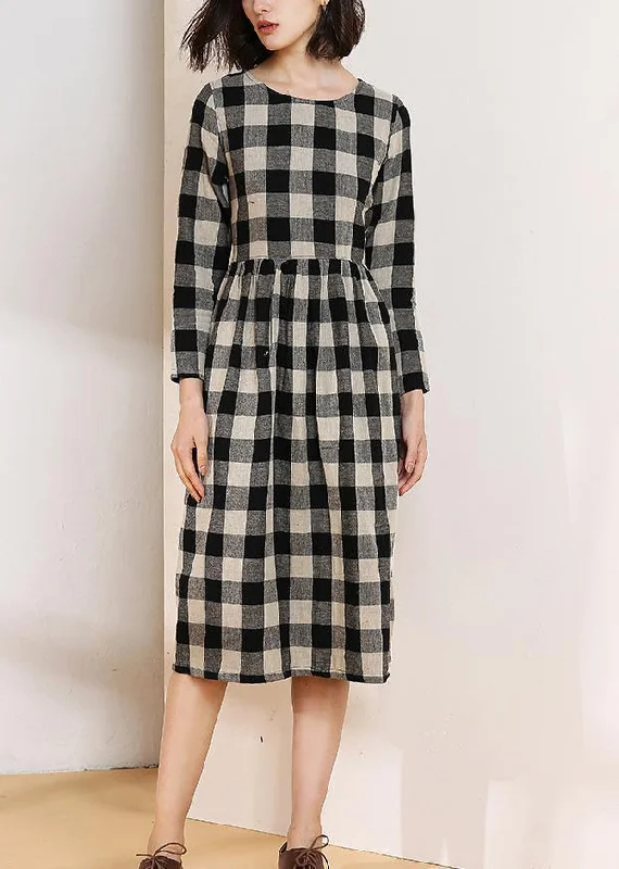 Special Discount trendy dressVivid o neck cotton linen spring clothes Runway black plaid Dress Special Discount trendy dressVivid o neck cotton linen spring clothes Runway black plaid Dress