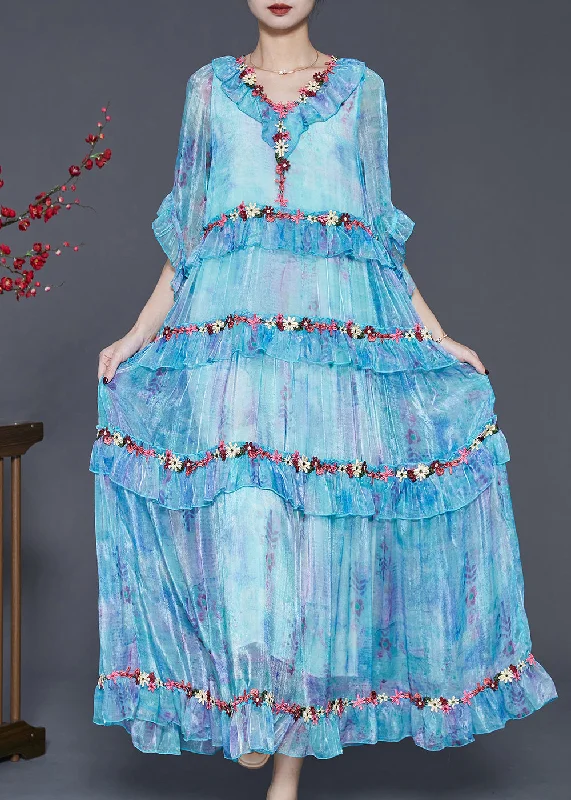 Extra Savings one-shoulder dressModern Blue Ruffled Floral Chiffon Robe Dresses Spring