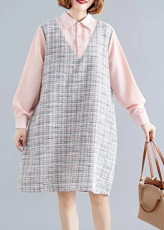 Exclusive Savings midi dressArt pink patchwork Plaid linen clothes For Women long sleeve false two pieces shift fall Dress Exclusive Savings midi dressArt pink patchwork Plaid linen clothes For Women long sleeve false two pieces shift fall Dress